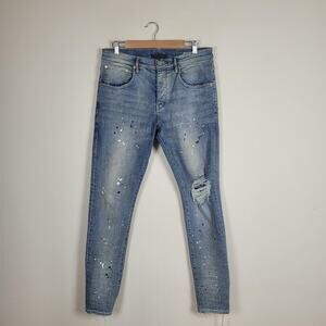Purple Brand Jeans Mens 32 Blue Skinny Distressed Paint Splatter Distressed P002